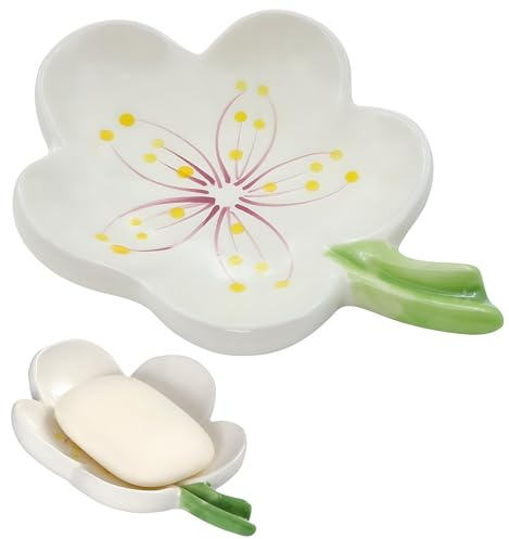 HuaLiSiJi Ceramic Soap Dish with Flowers Ceramic Soap Dish Leaf with Drainage for All Common Sizes Solid Soaps (White)
