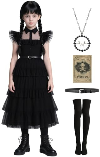 Mrsclaus C039-120 - Costume di Halloween nero da bambina, vestito Wednesday per cosplay con calze, collana con testa di scheletro, adesivi, per carnevale e feste a tema