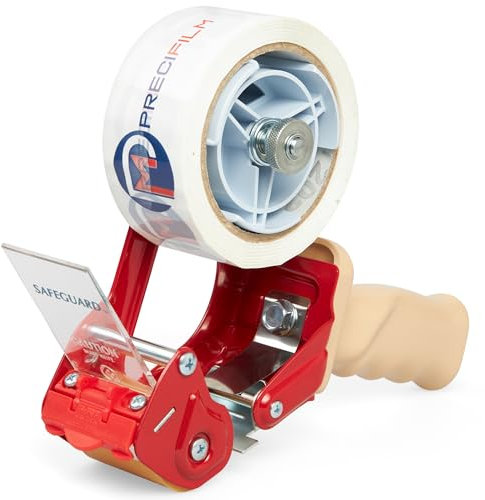 Precifilm Dispensador de Cinta Adhesiva - Precintadora Manual para Cinta de Embalaje - Celo Transparente de Embalar - Cinta Adhesiva Transparente y Color - Cintas de 50 mm de Anchura, Metal, Roja