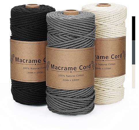 VORHOT Filo Macrame 3mm, Set di Corda Grigio Beige Nero, Naturale e Morbido per Arazzi, Appendini per Piante, Decorazioni Boho, Confezioni Regalo