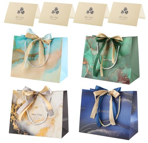 4 Stück Geschenktüten mit Henkel und Schleifenbändern, 25x20x12.5cm Geschenktasche, Geschenktüte Geburtstag Geschenktüte aus Papier für Hochzeit, Party, Babyparty, Geburtstagsfeier
