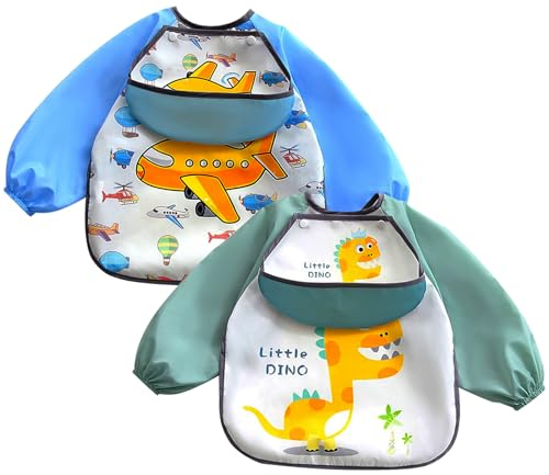 FZSECRIU Lätzchen Baby Wasserdicht，2 pcs Ärmellätzchen, Lätzchen Mit Ärmeln, Dreieckstuch Baby, Lätzchen Abwaschbar, Mit Abnehmbar Auffangschale, Doppelt Wasserdicht