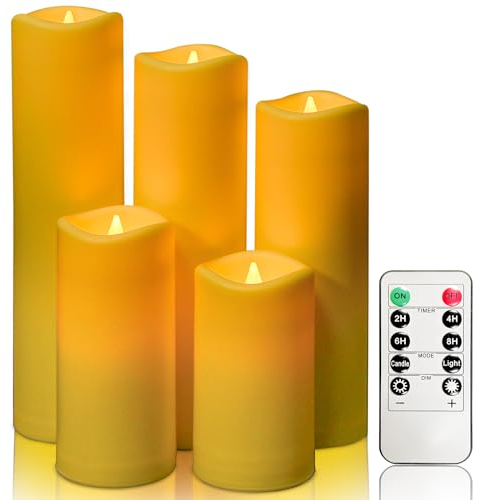 YIWER Wasserdicht LED flammenlose Kerzen,Outdoor Indoor batteriebetriebene flackernde Kerzen mit Remote-Timer,Elfenbein Kunststoff Satz von 5 D2,2xH4 5 7 8 9für Party-Dekoration