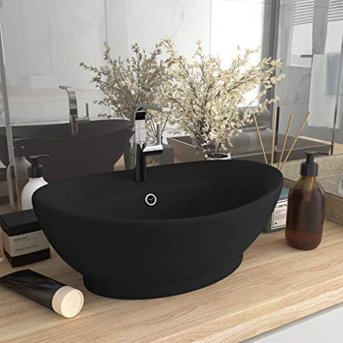 FOZICV Luxus-Waschbecken Überlauf Oval Matt Schwarz 58,5x39x21 cm Keramik Aufsatzwaschbecken mit überlauf Washbasin Aufsatzwaschtisch Spülbecken Oval Aufsatzbecken Oval Badmöbel Bathroom Sink