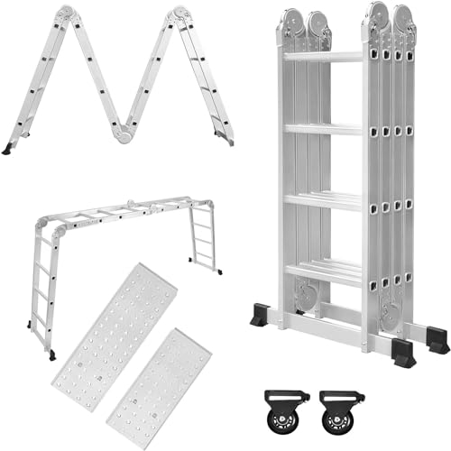HENGMEI 6 in 1 Leiter Mehrzweckleiter Aluminium mit Plattform 4,7m Multifunktionale Klappleiter Arbeitsleiter Haushaltsleiter bis 150kg, 4x4 Stufen Stufen mit 2 Gerüstplatten