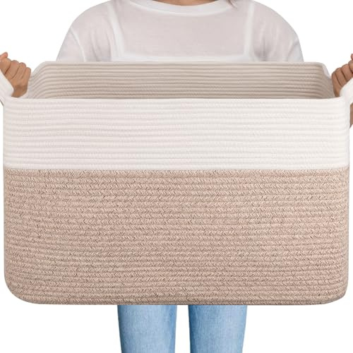 OIAHOMY Extra Large Blanket Basket, 95L Woven Storage Basket, Cotton Rope Toy Bin for Baby Room, Container for Storage in Living Room, 24''×17''×14'', Brown & White