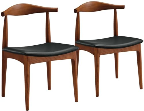 Ytaoka Solid Wood Dining Chairs Set of 2, Mid Century Dining Chairs, Upholstered PU Leather Chairs with Wide Curved Backrest, Chairs for Dining Room, Kitchen, Walnut Finish