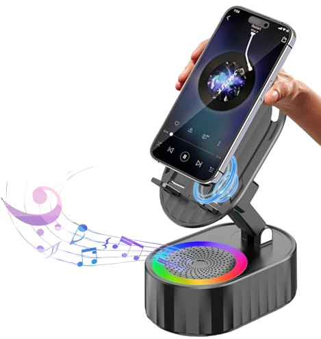 AKLLCCR Wireless Induction Audio Bluetooth Speaker 5in1 Phone Holder Emergency Rechargeable (3000mAh) with Colorful Ambient Light 300° Foldable for Tablet iPhone Android, Gifts for Men Women (Black)