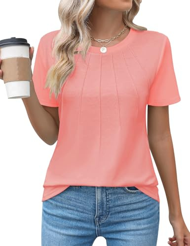 Chicrise Tshirt Femme Plissé Col Rond À Manches Courtes Haut Chic Et Elegant Décontracté Tricot Basic Chemise Corail Extrêmement Grand 56-60