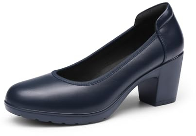 DREAM PAIRS Women's Block Heel Round Toe Pumps,Navy Blue,5W