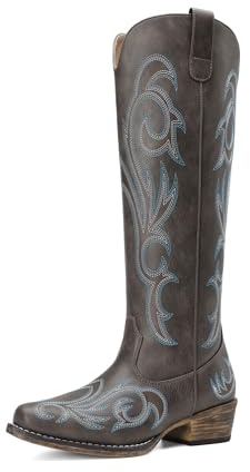 DREAM PAIRS Bottes Femme Style Western Cowgirl Confortables Bottes Cowboy Hautes Knee High avec Fermeture Éclair Latérale,Size 39,Marron Foncé,DWUMKB2502
