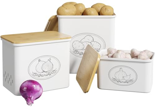 Lifewit Plastic Potato and Onion Storage Bin, Stackable Garlic Keeper with Aerating Holes and Lid, Vegetable Container Box for Pantry Countertop, White, 24 x 18 x 24 cm/9.5 x 7 x 9.5 inch, Set of 3