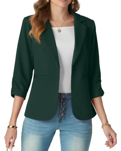 GRECERELLE Womens Blazer 3/4 Ruched Sleeves Ladies Formal Jackets Casual Elegant Work Blazers Office Outerwear for Women UK 8-20 with Buttons, Pockets