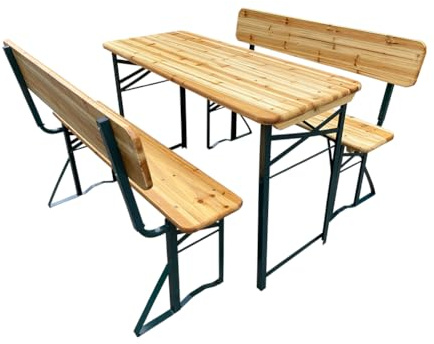 The Fellie Wooden Table and Bench Folding Camping Picnic Trestle Table and Bench Set Outdoor Garden Beer Tables, 2PC Chair Seat with Backrest (118cm x 45cm x 75cm)