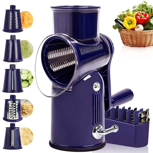 Rotary Cheese Grater with Handle, Vegetable Shredder with 5 Replaceable Blades & Strong Suction Base, Round Food Slicer & Chopper for Kitchen Fruit Vegetables Nuts with Blade Storage Box (Purple)