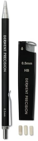 Derwent 0.5 mm Precision Mechanical Pencil, HB Leads and Erasers Included, Professional Quality, 2302428, Black