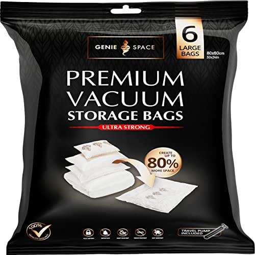 GENIE SPACE Premium Vacuum Storage Bags for Clothes, Bedding and Travel, Large Size 80x60cm, Airtight, Reusable and Odour-Proof Space Saver Bags with Double Seal, 6 Pack with Travel Pump