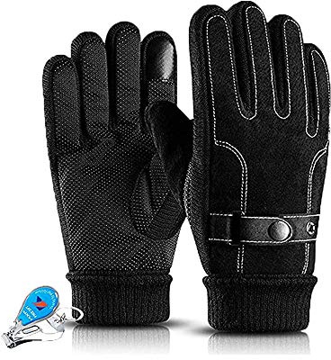 WITERY Men Winter Thermal Genuine Leather Gloves Windproof Anti-slip Touch Screen Mittens with Thick Fleece Lining Fur Lined Gloves for Driving Running Cycling Biking Skating Gift