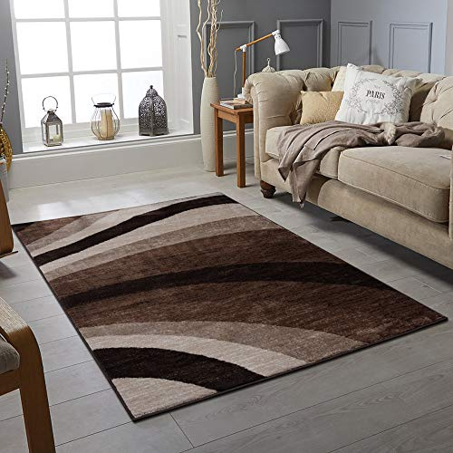 Modern Style Rug WAVES Design Rugs Living Room Extra Large Size Soft Touch Short Pile Carpet Area Rugs Non Shedding (Black, Brown, 80cm x 150cm (3ft x 5ft))