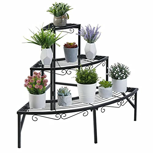 unho Blumentreppe Ecke, Pflanzentreppe mit 3 Ablagen, Metall Blumenregal Pflanzenregal für Ecke Balkon Garten Deko,77×58cm