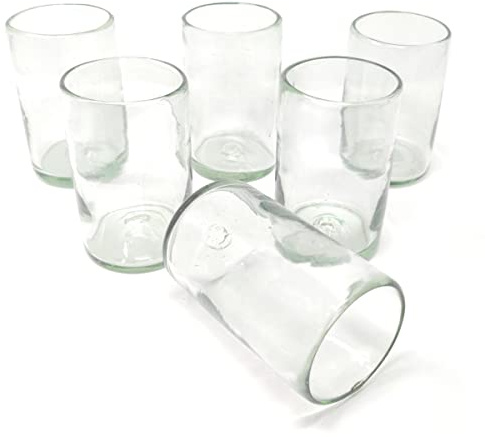Dos Sueños Hand Blown Mexican Drinking Glasses – Set of 6 Natural Clear Glasses (14 oz each)