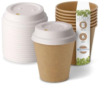 BIOZOYG Taza Bio degradable desechables con tapa de cartón I tazas desechables tazas de papel I 250 piezas de taza para llevar café I Taza de papel marrón sin blanquear 150 ml 6 oz