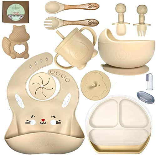 O'doe 17-teilig Baby LED-Entwöhnungszubehör für Kleinkinder, Babyfütterungsset | Saugnapf-Silikon-Babyschale, selbstverzehrende Utensilien mit Löffeln (Beige, V4 : Mega Tier [15 Pieces])