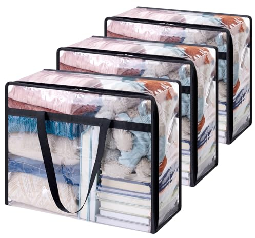 Lifewit 3 Stück Transparente Plastik Aufbewahrungstasche, 40L Kleiderschrank Organizer Aufbewahrungsbox mit Deckel Kleideraufbewahrung Umzugskartons mit Verstärkter Griff für Bettdecken, Kleidung