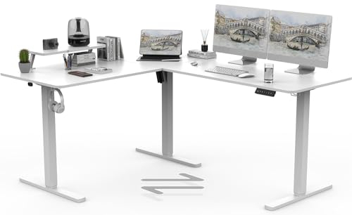 TRIUMPHKEY 160 x 140cm Eckschreibtisch Höhenverstellbarer Schreibtisch L Form Schreibtisch Höhenverstellbar L-förmiger Einzelmotor Regal Memory-Steuerung Kabelmanagement 3 Beine Weiß