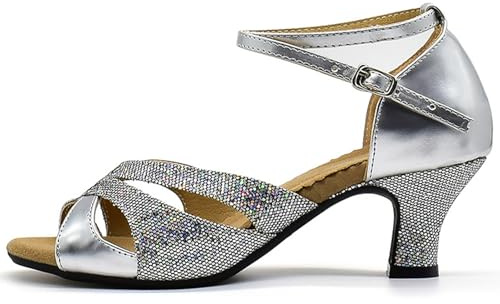 WUIWUIYU Women Dance Shoes 2.2 Ankle Strap Dancing Heels for Ballroom Salsa Tango Flamenco Latin Paso Doble Footwears Silver Size 10