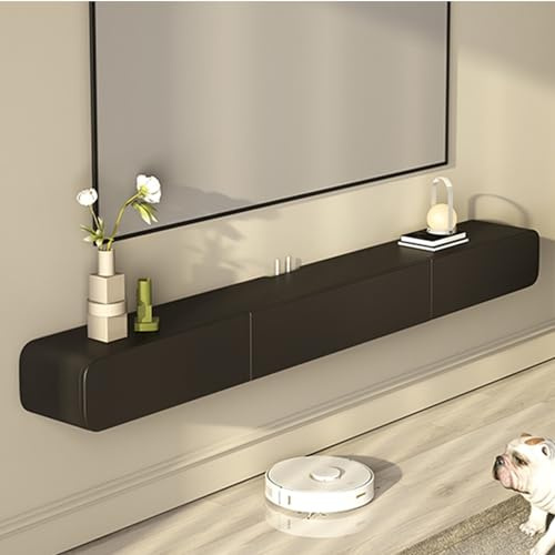 FPIGSHS Solid Wood Floating TV Unit with 2 drawer 180cm Modern Wall-Mounted TV Cabinet Black hanging TV stand Media Console Shelf with Storage for Living Room, Bedroom – Fully Assembled (B, 180cm)
