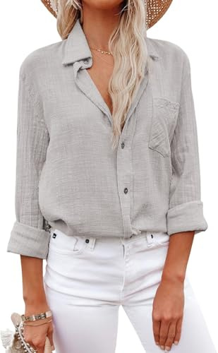 YUTILA Chemisier pour femme avec col en V à manches longues - Chemise décontractée en lin uni avec poches sur la poitrine, gris clair, M