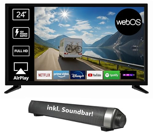 Reflexion LED24iBT Smart TV 24 pollici con soundbar, Full HD, Wi-Fi, Bluetooth, HDMI, USB, CI+, adattatore per auto da 12 V, ideale per camper, roulotte, camper e barche, telecomando incluso