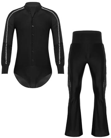 TTAO Herren Langarm Bodysuit Giltzer Tanz-Body mit Standard Tanzhose Jazz Hemdbody Leotard Overalls Party Performance Tanzkostüm Schwarz L