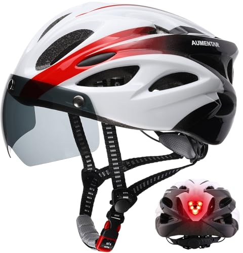 AUMENTAR Adult Bike Helmet, Bicycle Helmet with Rear LED Light & Detachable Magnetic Goggles,Cycling Helmet Adjustable for Men Women E Bike Electric Scooter Mountain & Road (Gradient White)