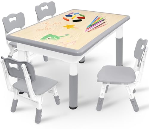Kidsgigglz Mesa infantil con 4 sillas, grupo de asientos para niños, altura regulable de HDPE y ABS, mesa de juegos multifuncional estable para niños, mesa ergonómica para habitación infantil, 120 x