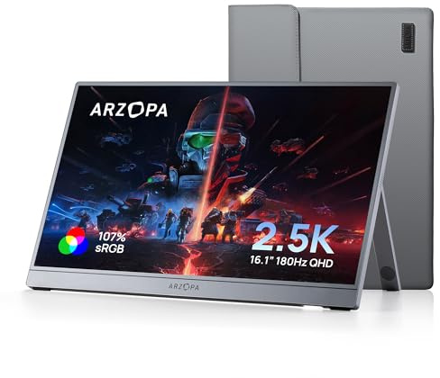 ARZOPA 16.1'' 180Hz 2.5K Portable Monitor, 2560x1440 QHD 107% sRGB Kickstand Portable Gaming Monitor with HDR, Ultra Slim, Eye Care, External Second Screen for Laptop, PC, PS5, Mac, Xbox - Z3FC
