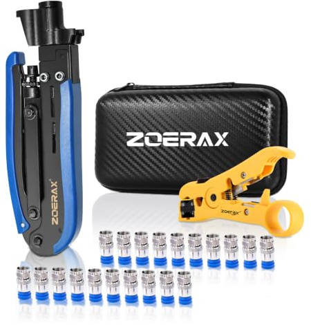 ZOERAX Coax Cable Crimper Tool Kit with Wire Stripper and 20PCS F Connectors – Coax Compression Tool for RG6, RG59, RG11 Coaxial Cables for TV, Internet, Satellite Installations & Home Networking