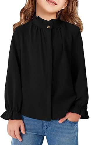 TYUSGH Girls Blouse Pleated Stand Up Collar Shirt Kids Solid Color Ruffle Long Sleeve Tops Casual Fall Formal Blouse Clothes for 5-14 Years Black