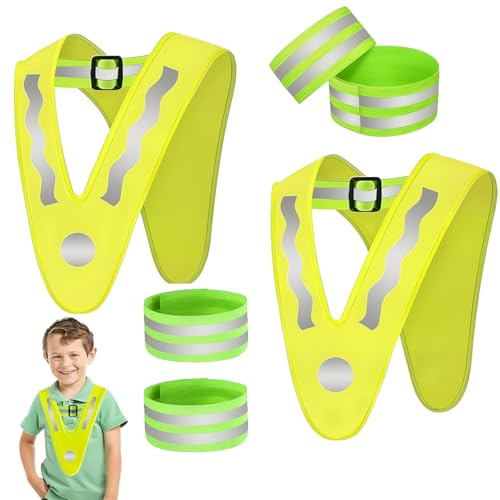 2 Pezzi Gilet Catarifrangente per Bambini - Giubbotto Sicurezza Bambino, Gilet Alta visibilità, Bretelle Catarifrangenti, Giubbotto Riflettente ad Alta visibilità, Collare Sicurezza a V, 4 bracciali