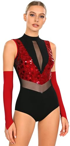 Oyolan Femme Justaucorps Gymnastique Paillette Brillant sans Manches Avec Gants Costume Danse Moderne Jazz Latine