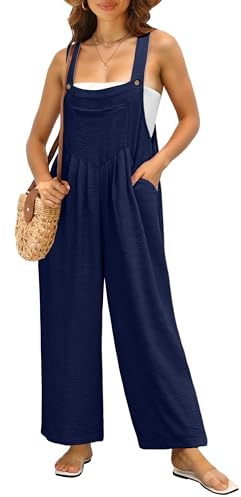 IWOLLENCE Hängselbyxor dam, sommar, hängselbyxor, jumpsuit, overall, elegant, romper, lös, ledig, sidofickor, mjuka, bekväma, justerbara remmar, Marinblå, M