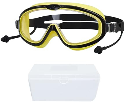 Kids Swimming Goggles with Earplugs and Box for Boys Girls 6-14 Years Old Waterproof Swim Goggles Anti Fog Wide Vision Swim Mask UV Protection Pool Glasses for Pool Training Black