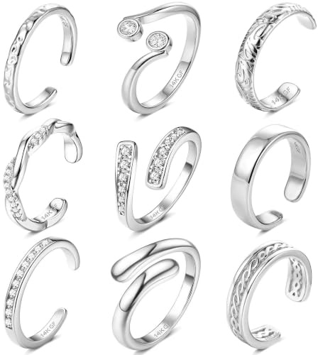 ORAZIO 9 Piezas Anillos Pie de Oro/Plata de 16K para Mujer | Anillo Pie Ajustable Puntera Abierta Incrustaciones de CZ Anillos Mujer Hipoalergénico Joyas para Pies de Playa de Verano