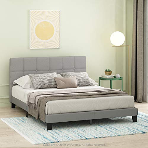 Furinno Laval Button Tufted Bed Frame, 12PC Slat Style, Glacier, King Size, Grey, FB20234KGL
