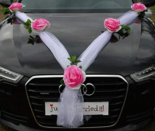 ORGANZA XXL Girlande Braut Paar Rose Orchidee Kamelie Deko Dekoration Hochzeit Car Auto Wedding ®Auto-schmuck Deko PKW (Rosa/Weiß)