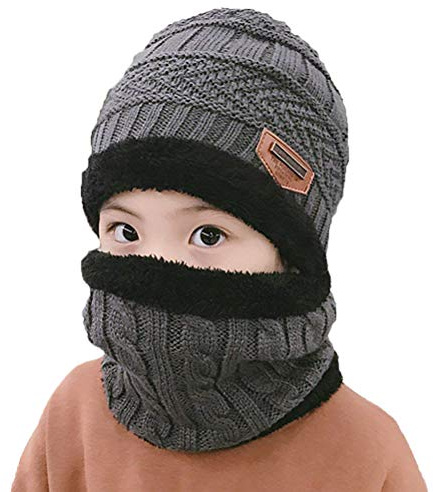 XYIYI Kids Winter Knit Hat and Scarf Set, 2Pcs Warm Fleece Lining Beanie Cap and Scarf for 5-14 Year Old Boys Girls (Grey)