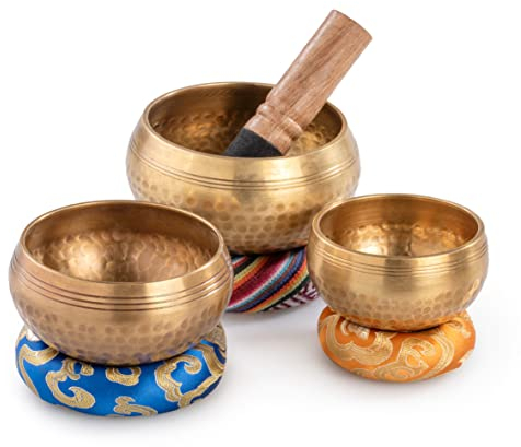 Klangschalen 3 Stück mit Klöppel und Kissen - Meditation Singing Bowl Set 8 bis 11 cm Durchmesser
