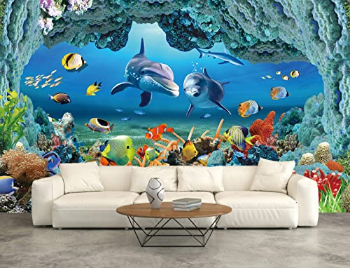 Bormia Wall Mural Underwater Wallpaper 3D Dolphin Large Photo Wallpaper for Livingroom Bedroom Kids Room Nursery, 195x120