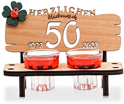 DARO Design - Schnapsbank Jahreszahl 50 Jahre Holz 2 Schnapsgläser Kleeblatt Jahrestag Geburtstag Hochzeitsgeschenk Jubiläum Geschenk 2025